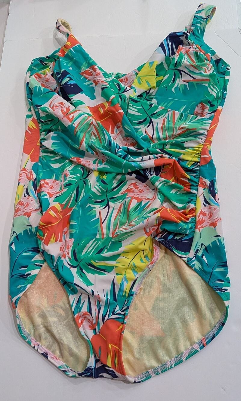 Miracalesuit Tropical Flamingo Ruched Tummy Control One Piece Swimsuit Size 16